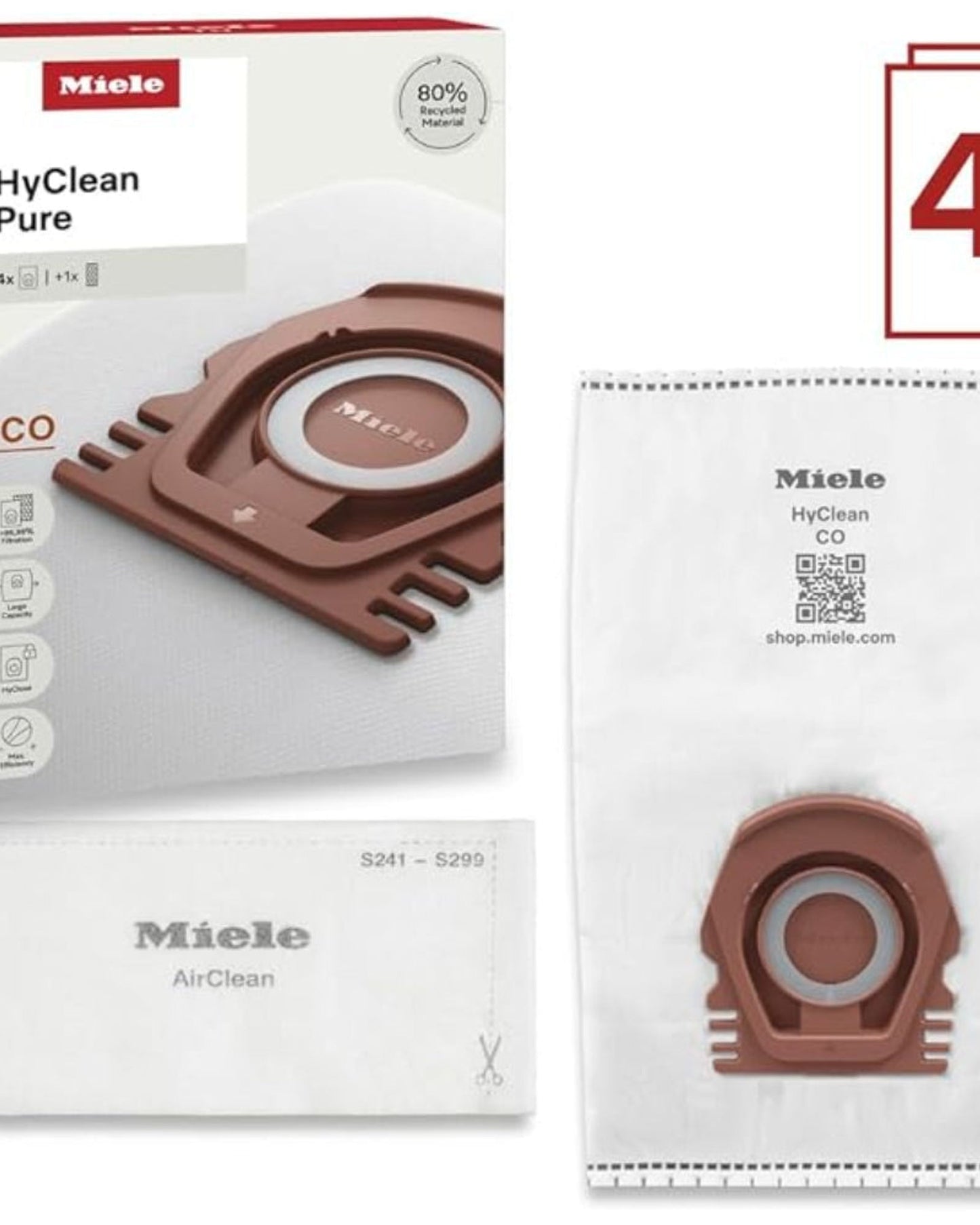 Miele HyClean Pure CO Vacuum Cleaner Dust Bags for All Miele Guard M1 Models, Pack of 4 Dust Bags and 1 AirClean Exhaust Filter