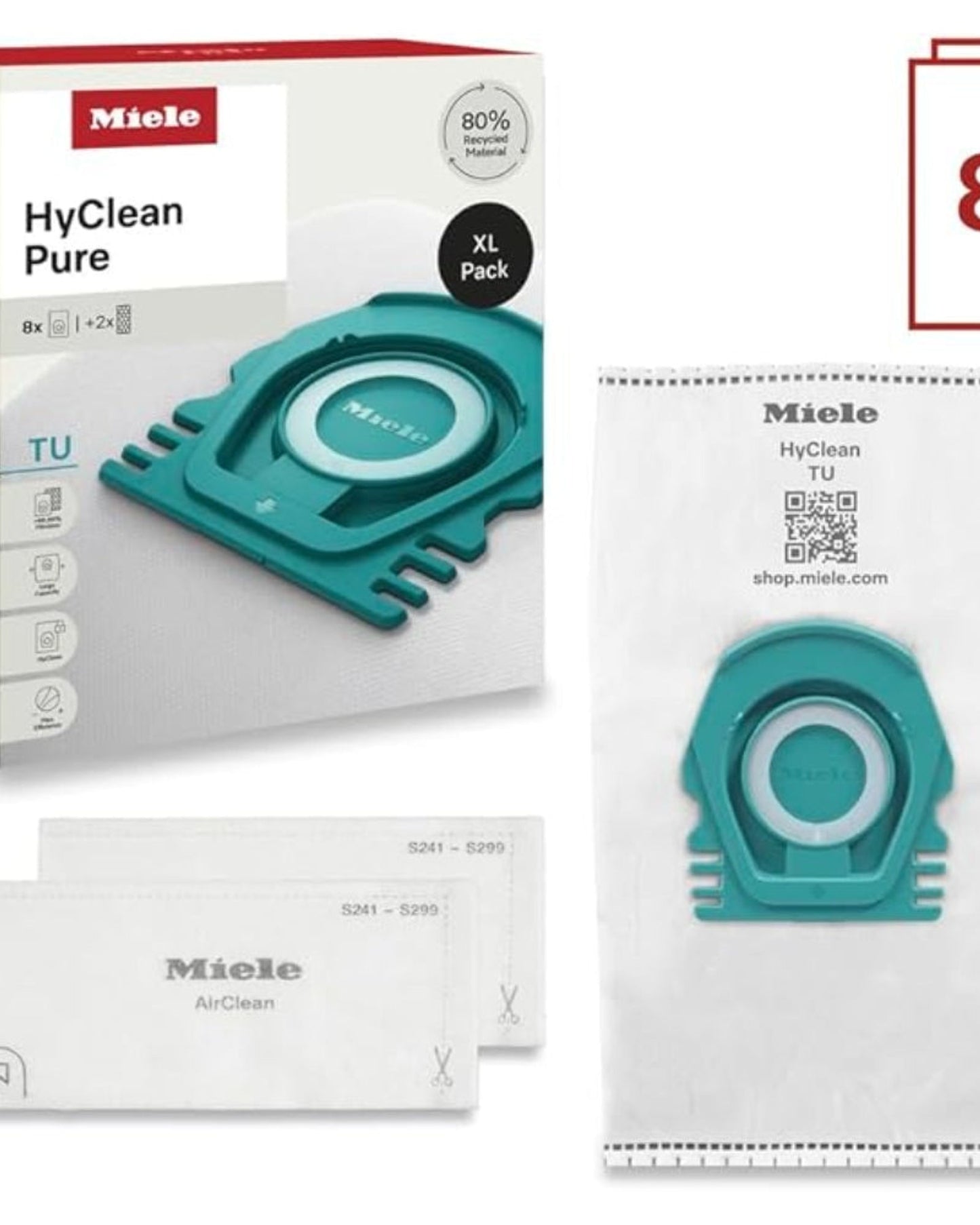 Miele HyClean Pure TU Vacuum Cleaner Dust Bags for All Miele Guard L1 and Guard S1 Models, XL Pack of 8 Dust Bags and 2 AirClean Exhaust Filters