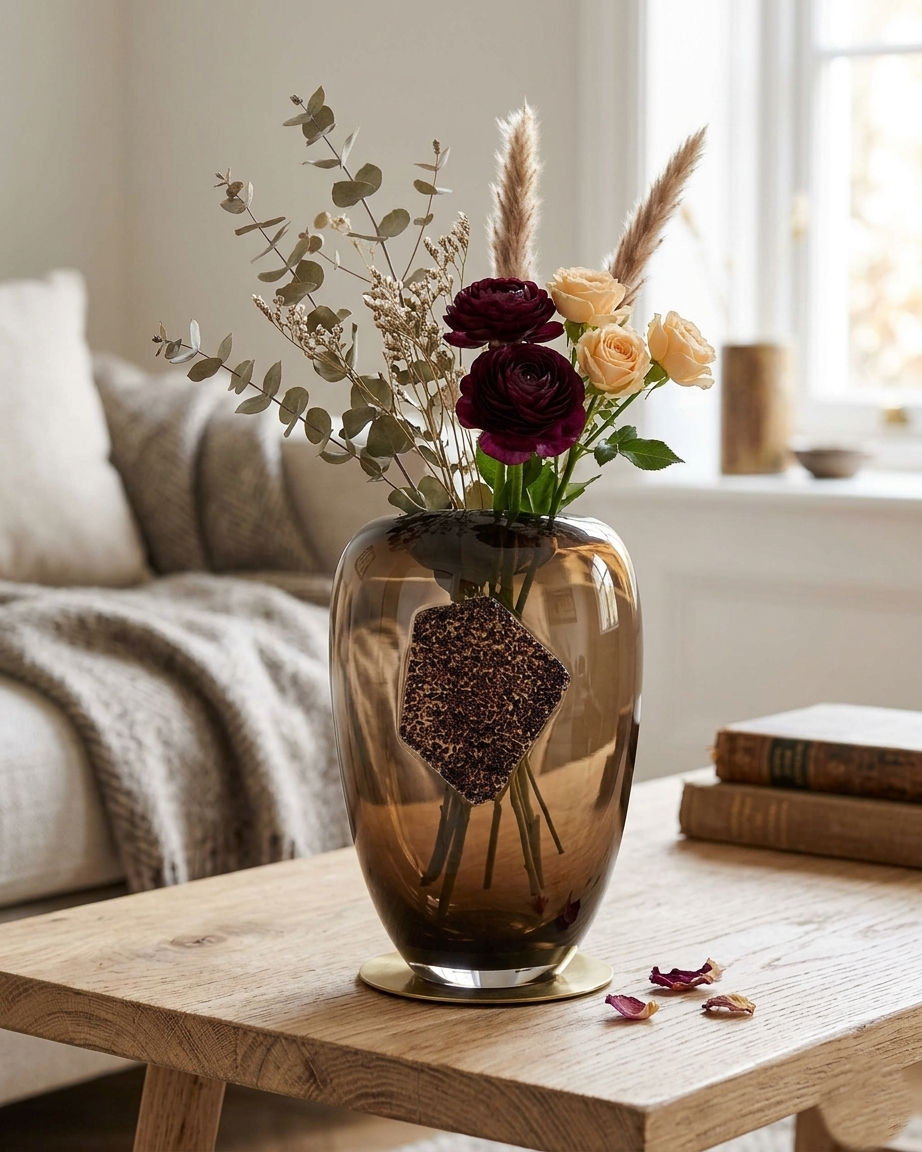 Dalian Glory Brown Vase With Glass Block -M