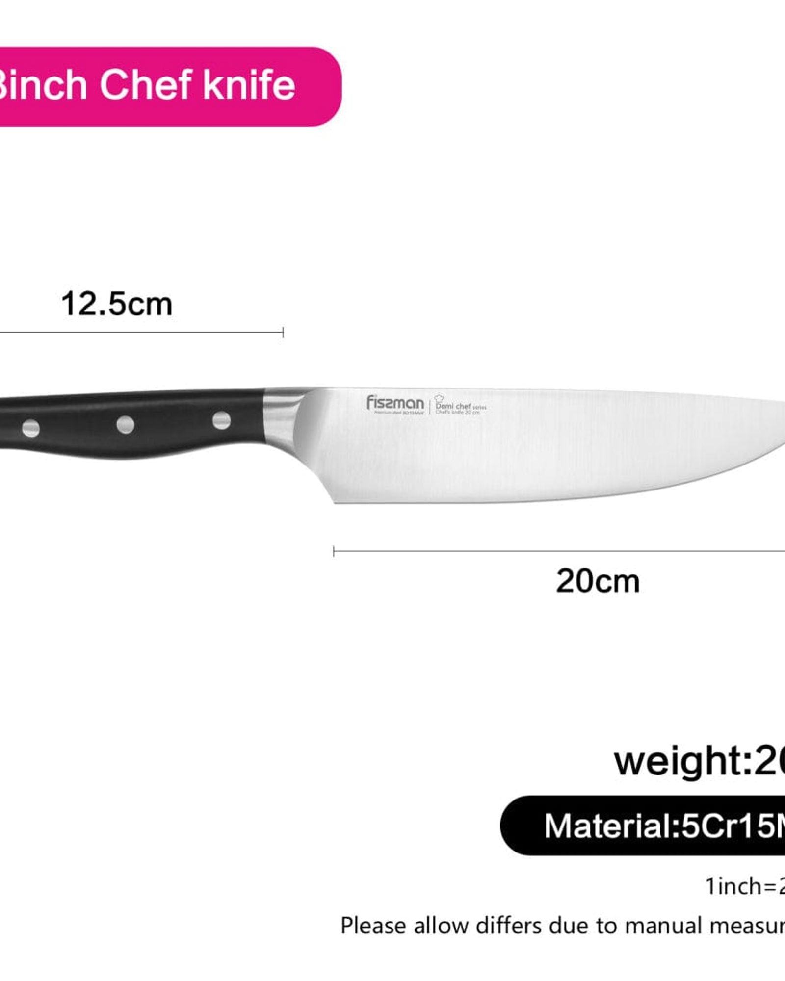 Fissman Chef Knife 8inch Black/Silver Coloured Non Stick Stainless Steel