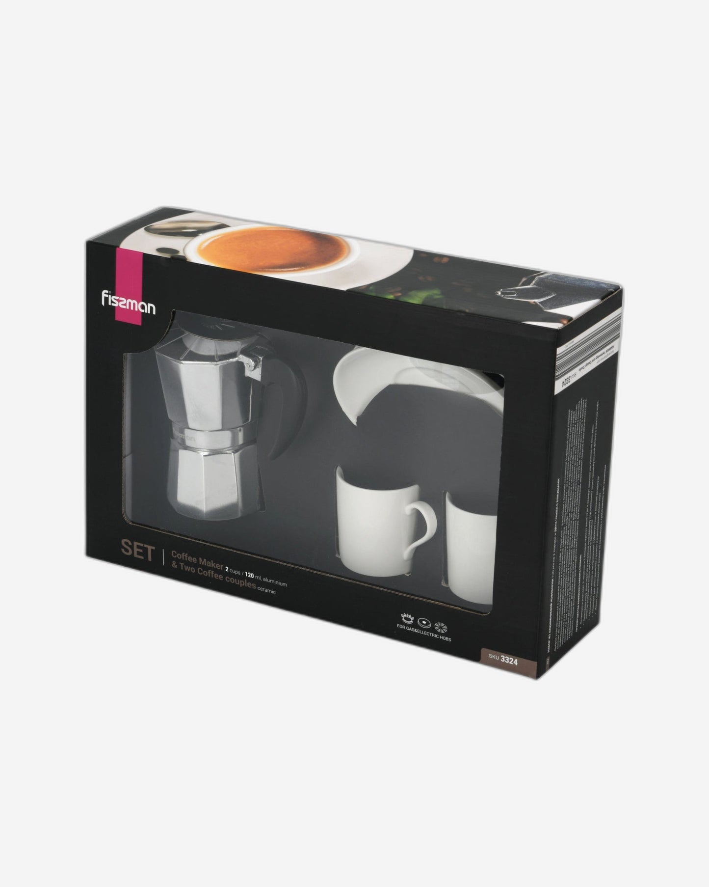 Fissman Set Of Coffee Maker Aluminium For 2 Cups/120ml And 2 Ceramic Cups With 2 Saucers Set
