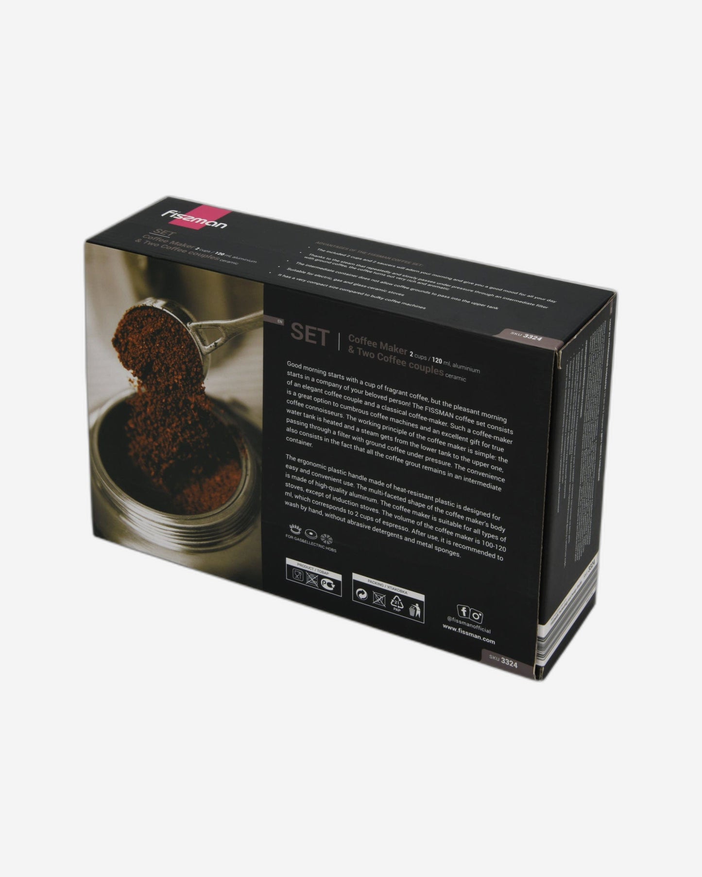 Fissman Set Of Coffee Maker Aluminium For 2 Cups/120ml And 2 Ceramic Cups With 2 Saucers Set