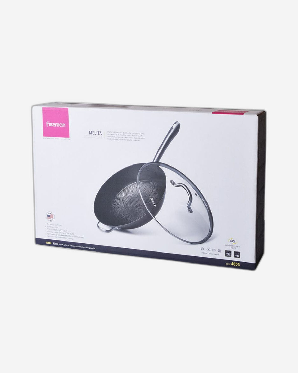 Fissman Wok Pan Melita With Glass Lid 30x8cm/4.2LTR Black/Silver/Clear