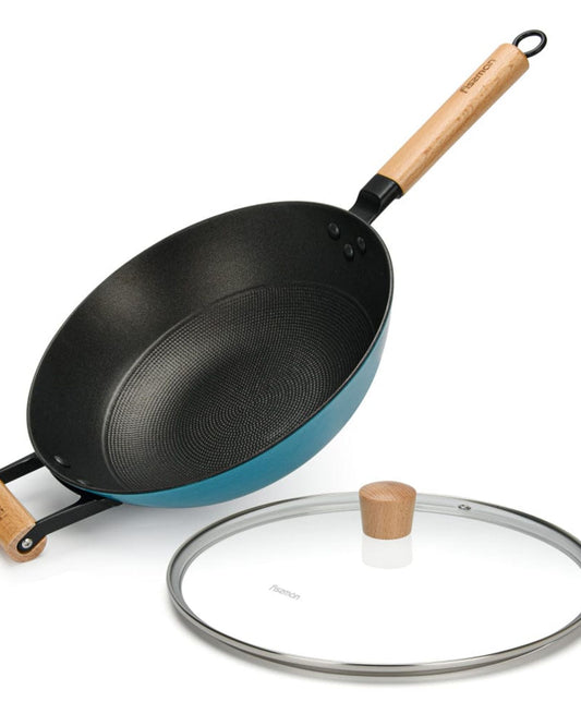 Fissman Wok Pan With Handle And Glass Lid 30x8.4cm/4LTR Black/Beige/Blue