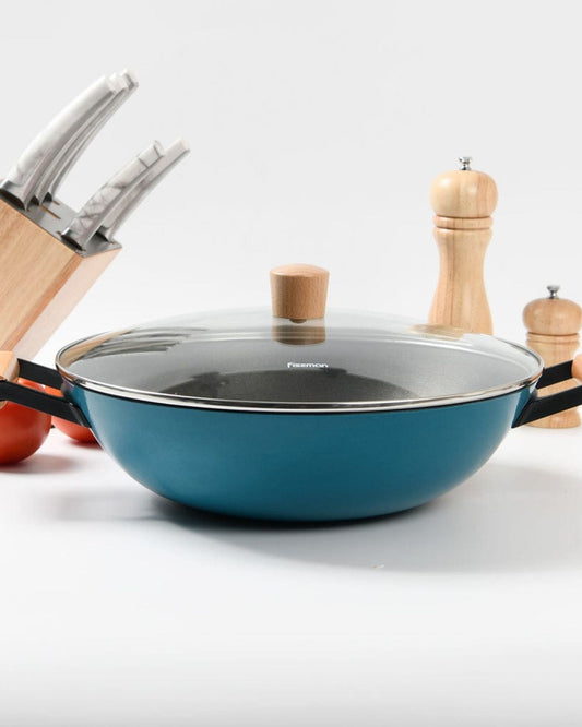 Fissman Wok Pan With Handle And Glass Lid 32x9.2cm/5LTR Black/Clear