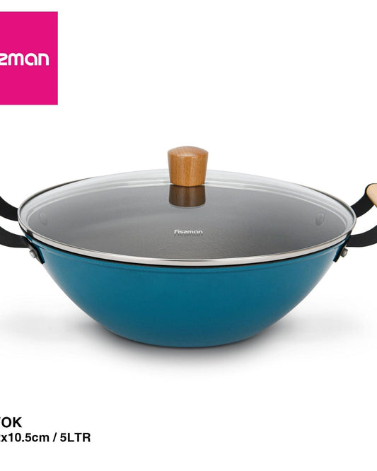 Fissman Wok Seagreen Series 32x10.5cm/5LTR With Glass Lid (Enamelled Lightweight Cast Iron With Non-Stick Coating)
