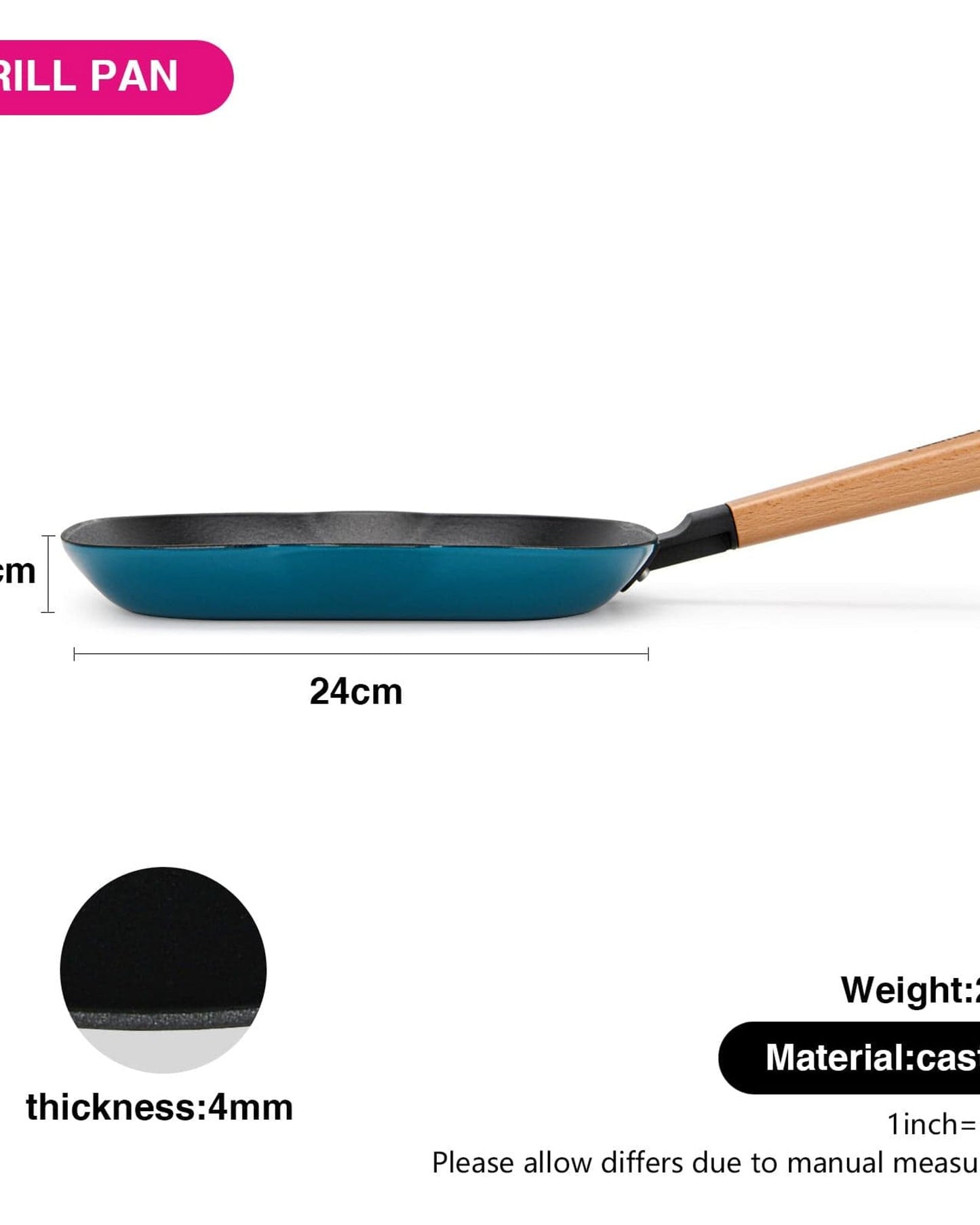 Fissman Grill Pan Cast Iron Square Wooden 28cm