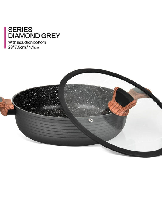 Fissman Shallow Casserole Diamond Series With Glass Lid Black 28cm