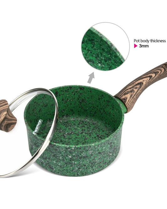 Fissman Saucepan With Glass Lid Aluminum And Induction Bottom With Professional Non Stick Coating Ecostone 16×7.8 Cm / 1.4Ltr Green/Brown/Clear