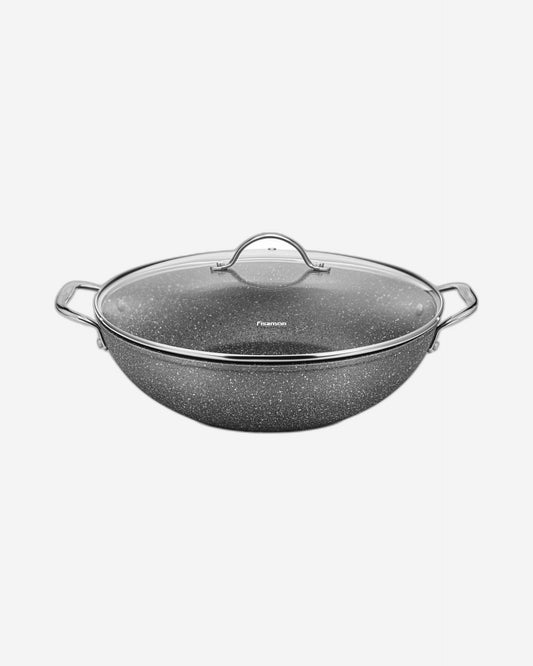 Fissman Wok Pan Aluminum Non-Stick Coating  Moon Stone Series With Glass Lid 32 x 9cm/5.6LTR Silver