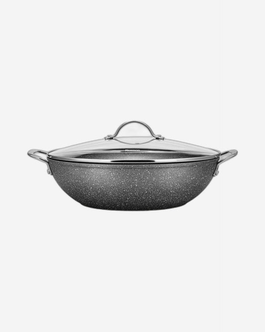 Fissman Wok Pan Aluminum Non-Stick Coating  Moon Stone Series With Glass Lid 32 x 9cm/5.6LTR Silver
