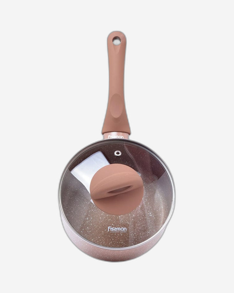 Fissman Saucepan With Glass Lid  16x8cm/1.5LTR Aluminium Latte Series Marble Coated Pink/Clear