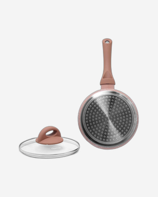 Fissman Saucepan With Glass Lid  16x8cm/1.5LTR Aluminium Latte Series Marble Coated Pink/Clear