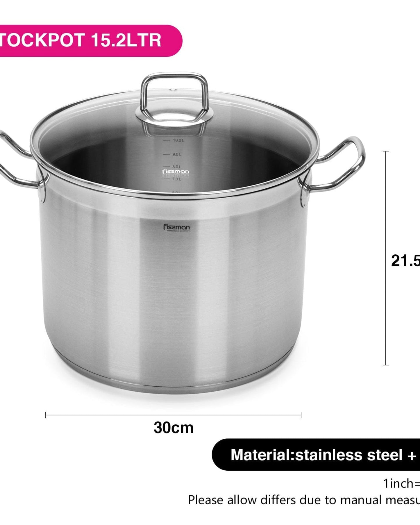 Fissman Stockpot With Glass Lid Tahara Series Stainless Steel Clear/Silver 30cm/15.2LTR