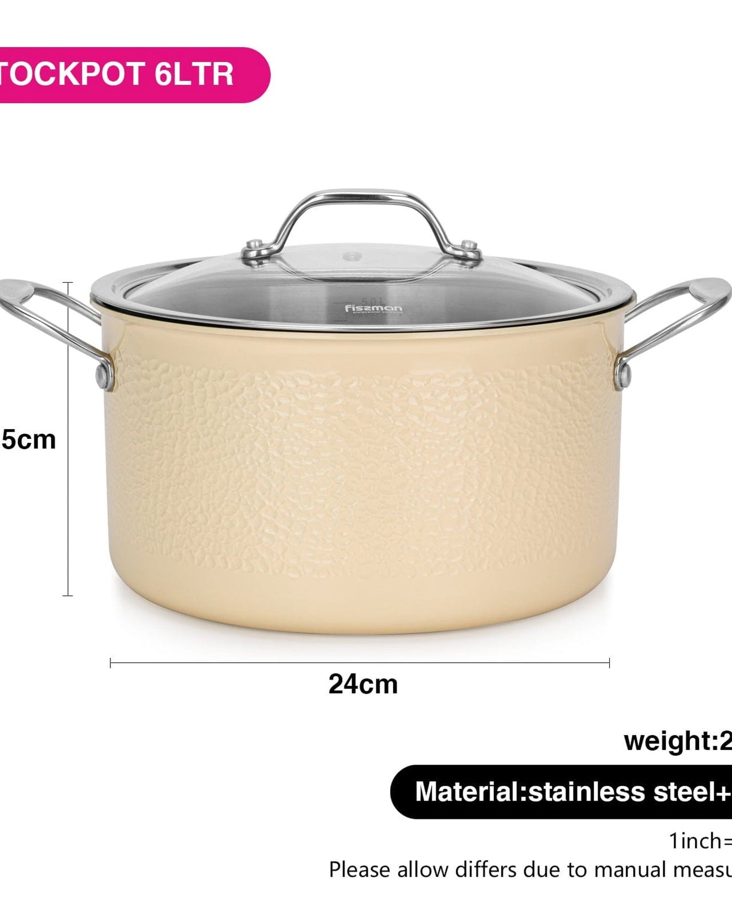Fissman Brigitte Series Stainless Steel Sauce Pan With Glass Lid 6L Beige/Silver/Clear 24x13.5cm