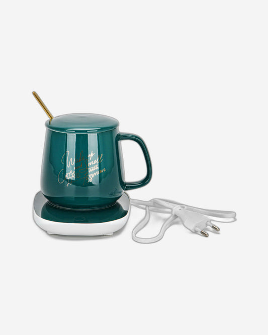 Fissman Ceramic Cup Constant Temperature Warmer Mug With Heater And Spoon Set Green 400ml