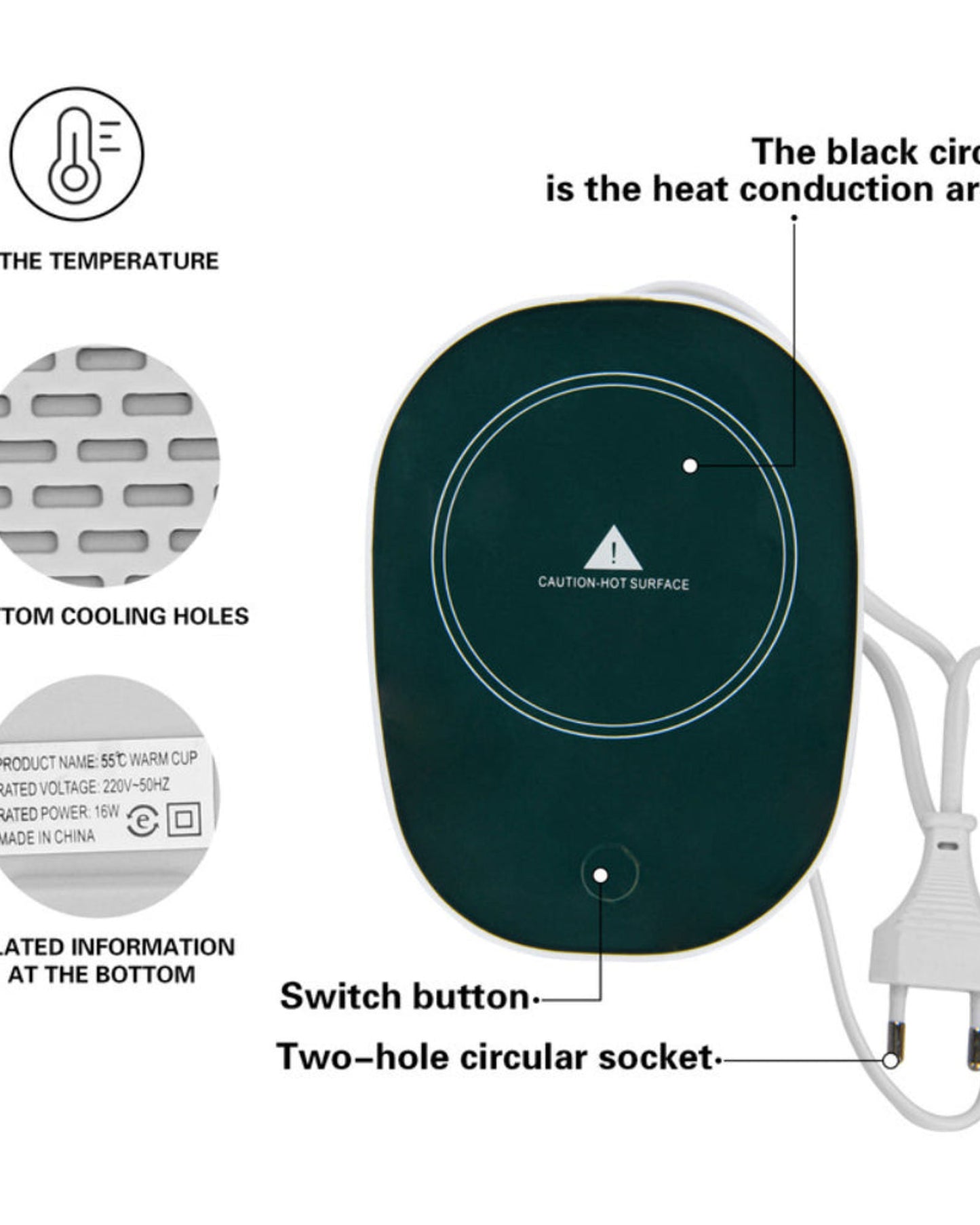 Fissman Ceramic Cup Constant Temperature Warmer Mug With Heater And Spoon Set Green 400ml