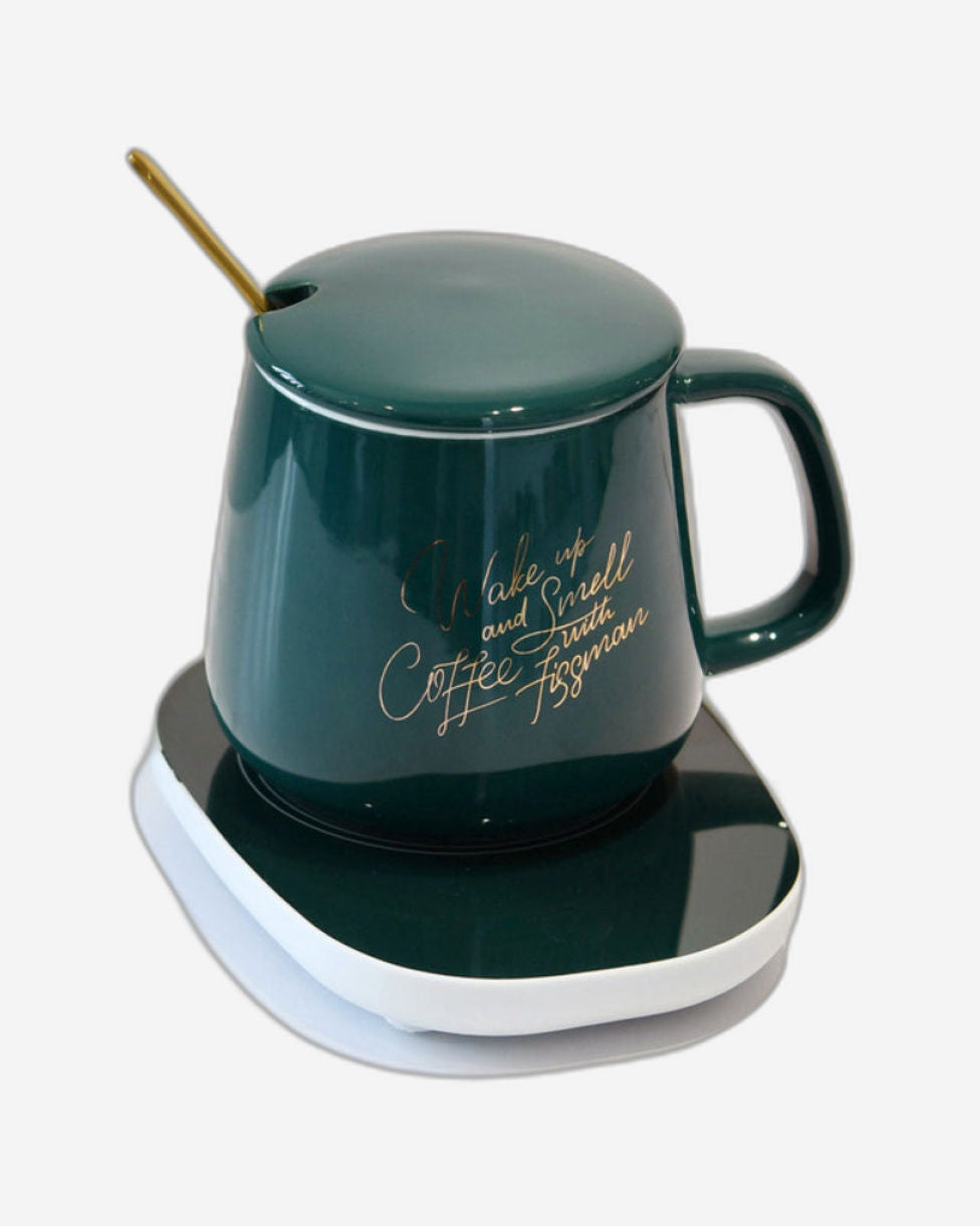 Fissman Ceramic Cup Constant Temperature Warmer Mug With Heater And Spoon Set Green 400ml