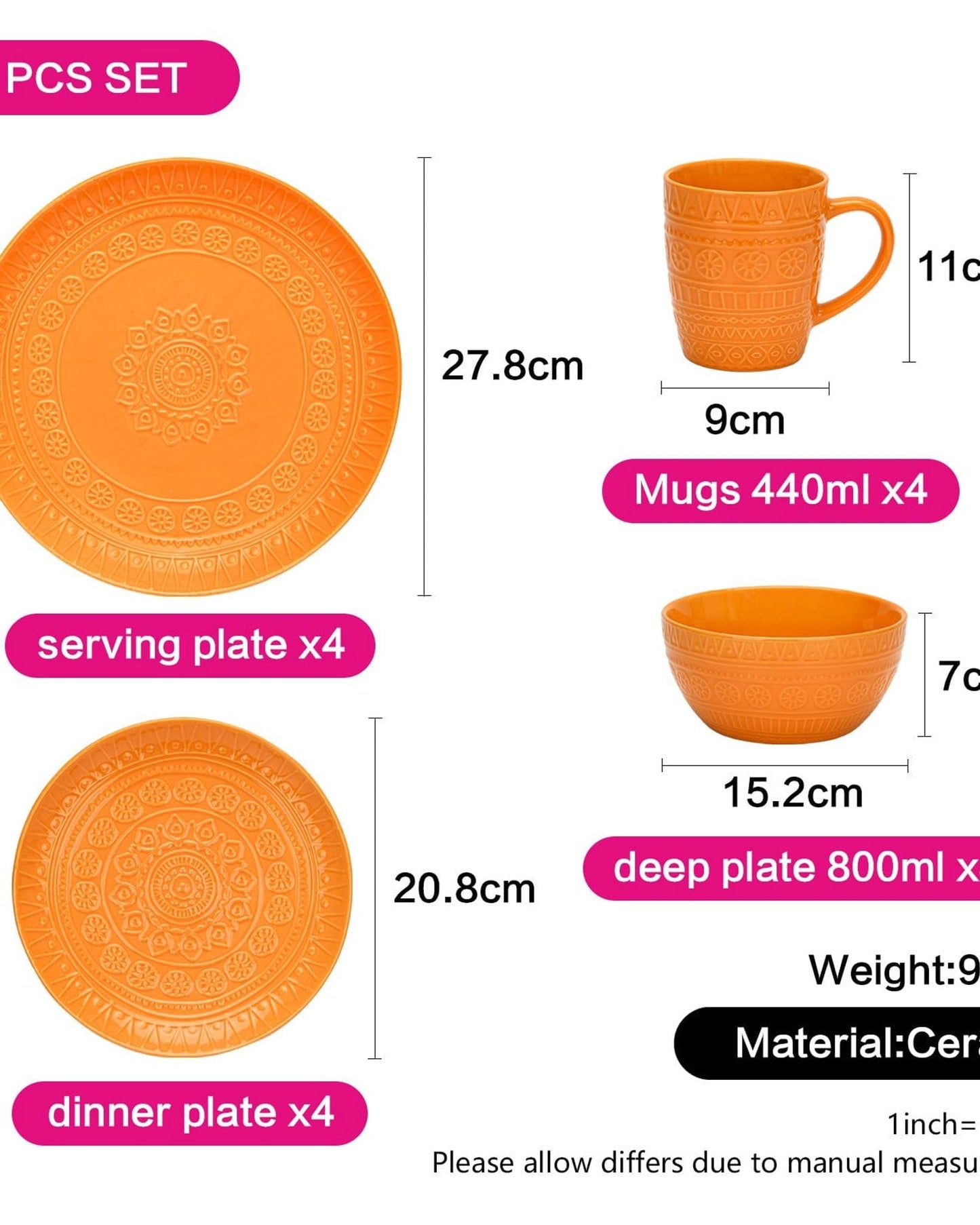 Fissman Dinnerware Motif Ceramic Orange 16Pc