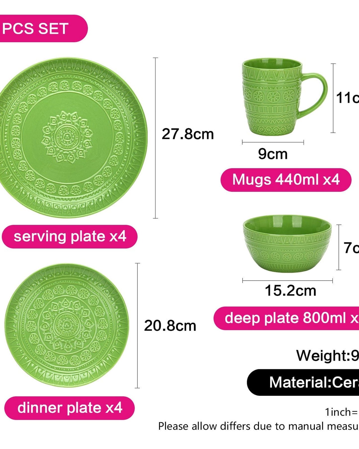 Fissman Dinnerware Motif Ceramic Green 16Pc