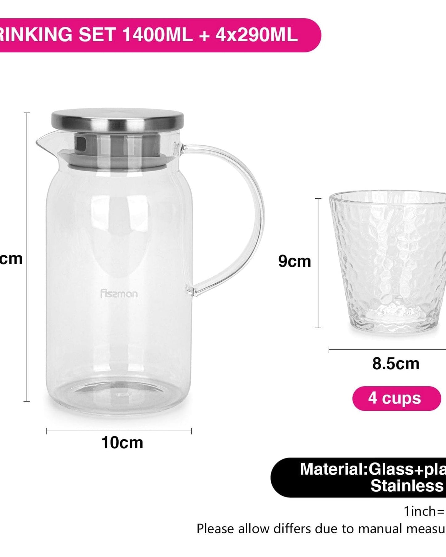 Fissman Jug & Cup 1400ml + 4Pc 290ml