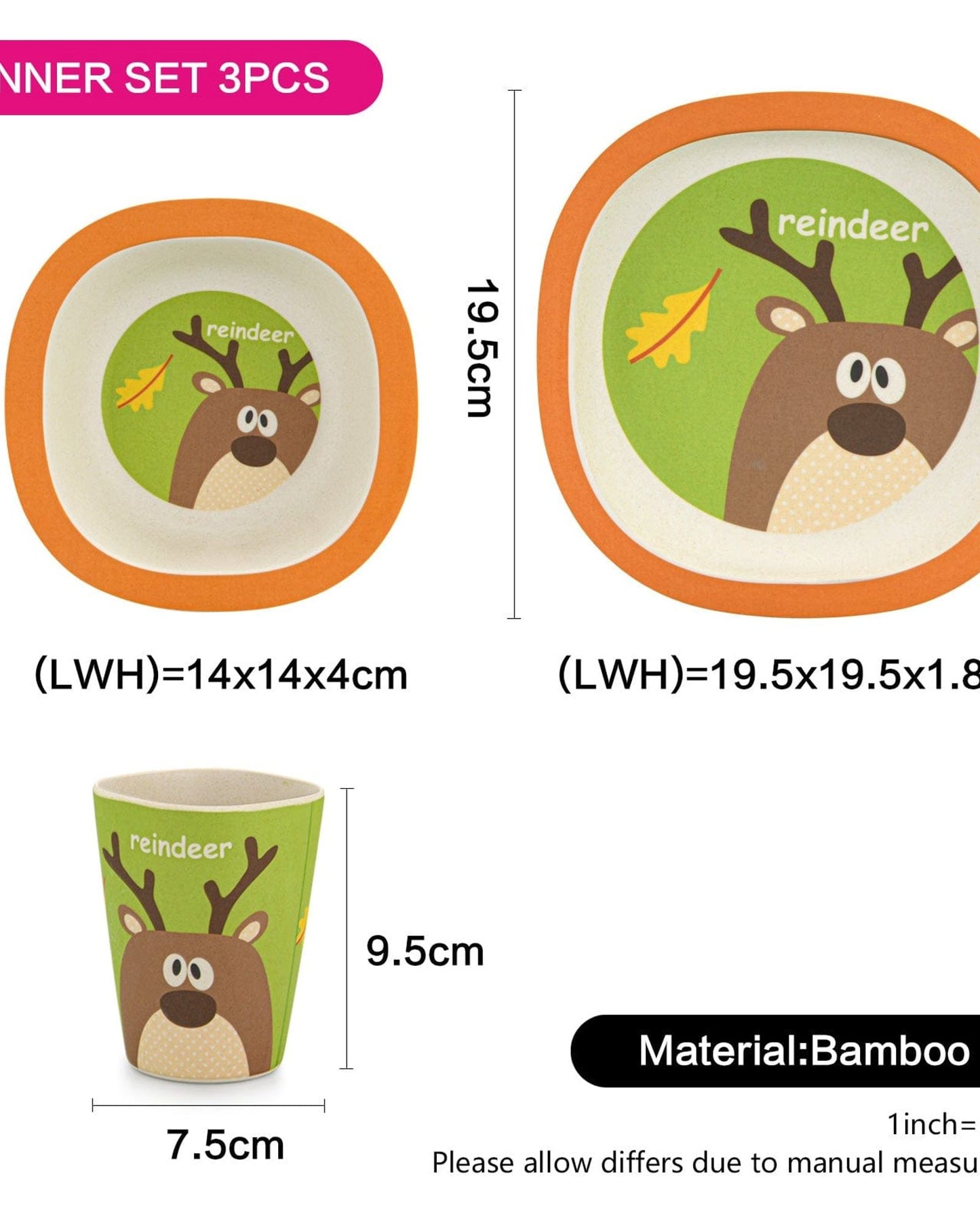 Fissman 3-Piece Bamboo Reindeer Kids Dinner Set Multicolour 19.5x19.5x1.8cm