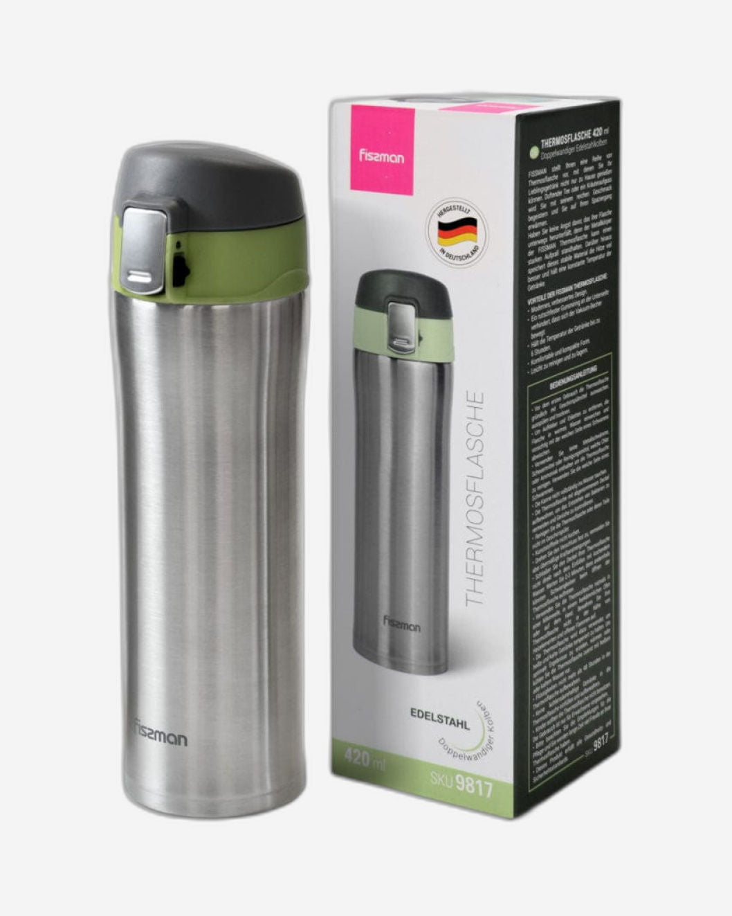 Fissman Double Wall Vacuum Water Bottle Green/Black/Silver 420ml
