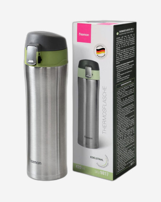 Fissman Double Wall Vacuum Water Bottle Green/Black/Silver 420ml