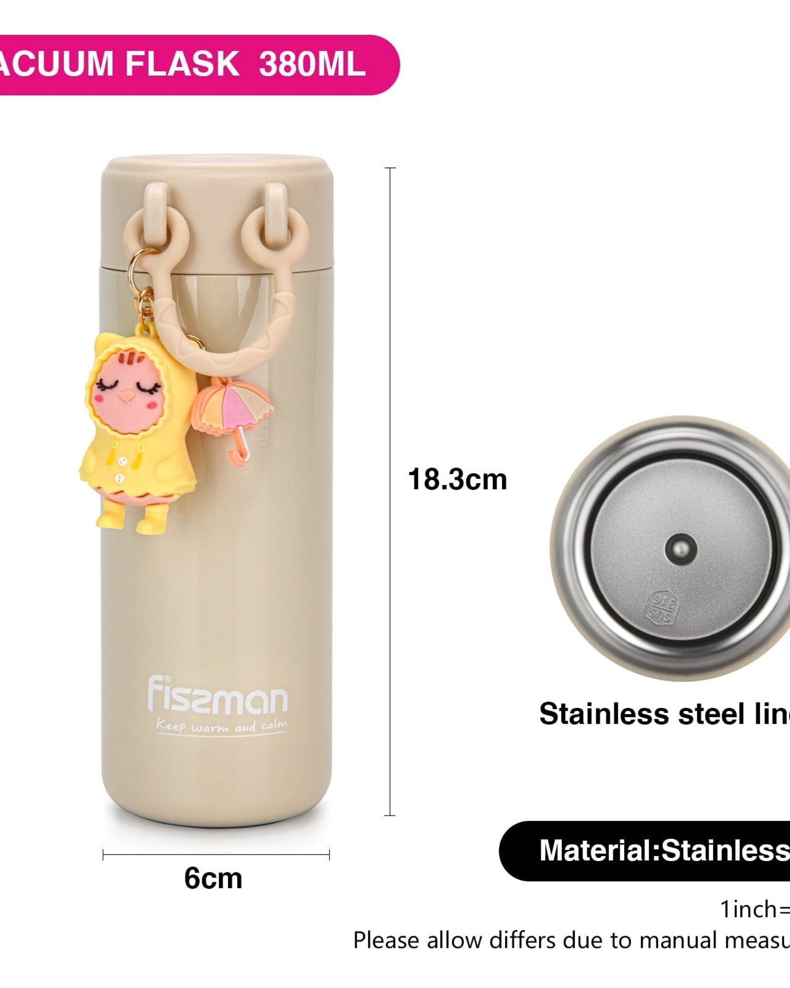 Fissman Double Wall Vacuum Flask 380ml Beige (Stainless Steel)