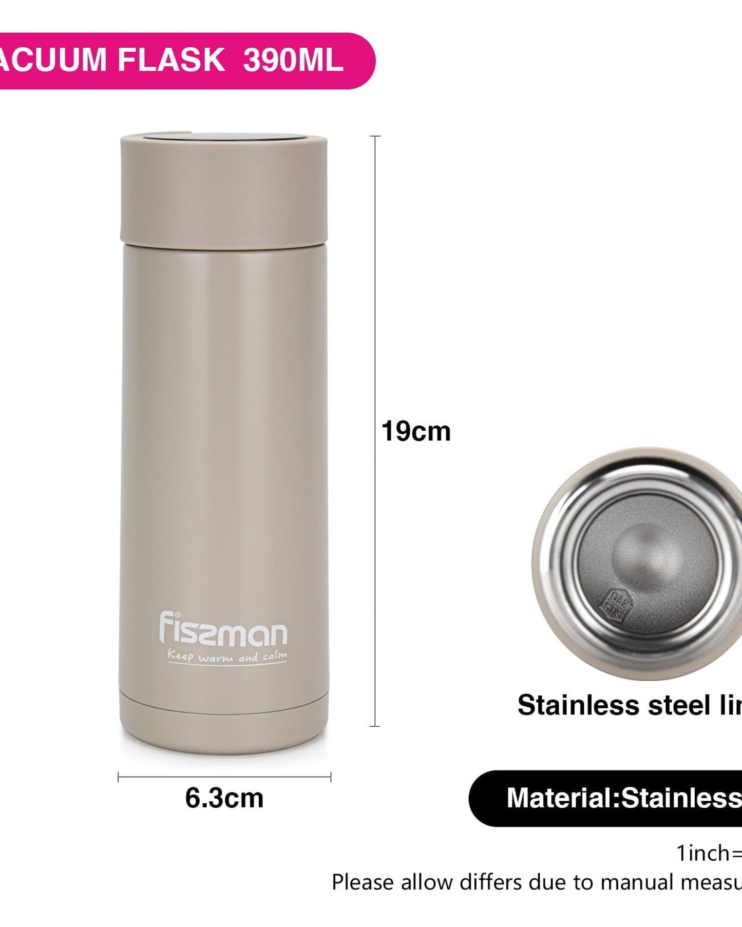 Fissman Double Wall Vacuum Flask 390ml Beige (Stainless Steel)