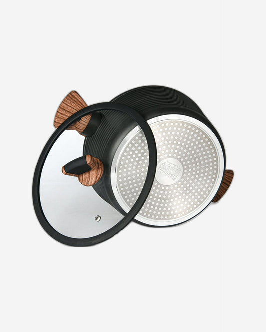 Fissman Stockpot Diamond Series Series With Glass Lid  Aluminum With Non-Stick Coating 20x10cm/2.6LTR Black/Brown