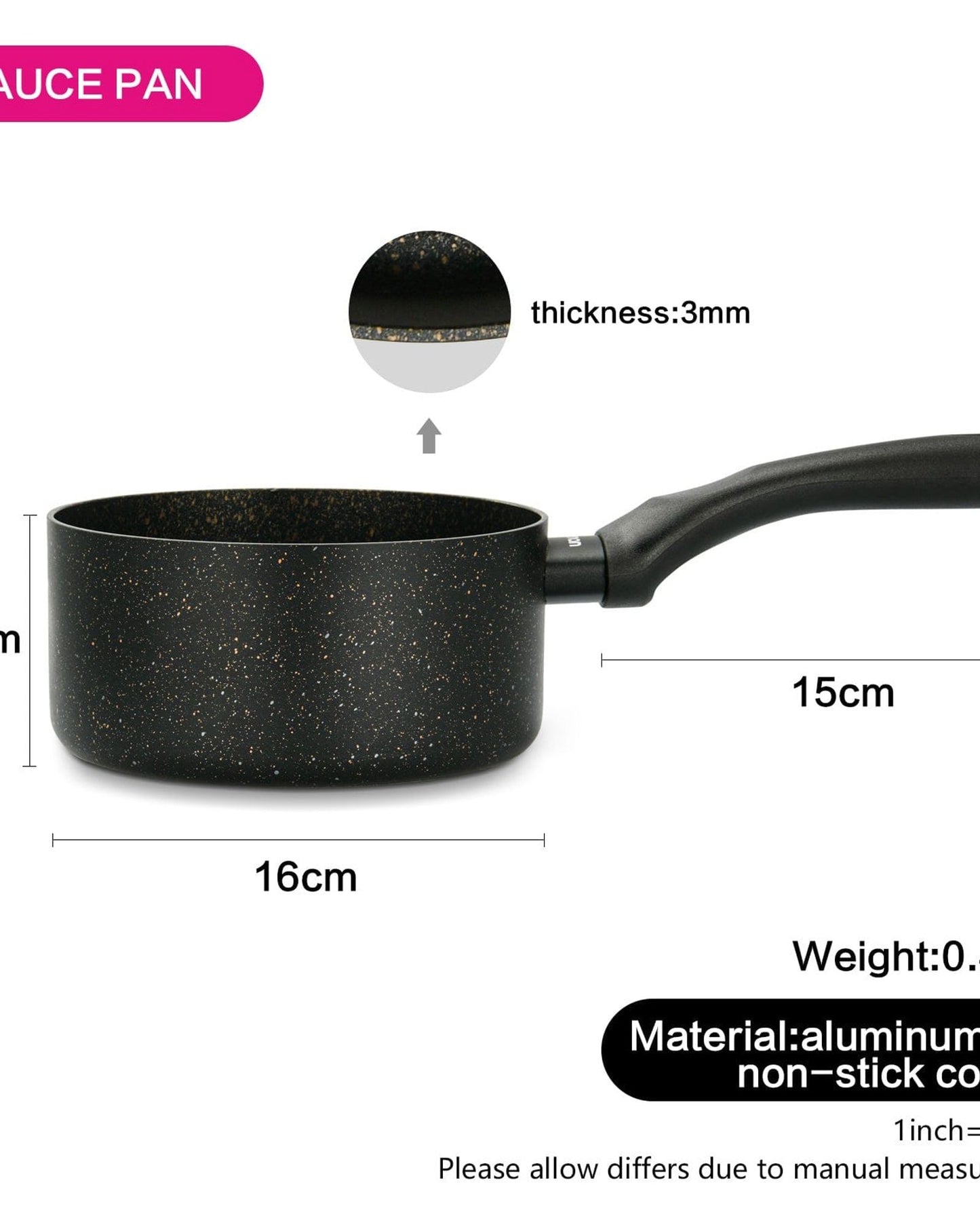 Fissman Saucepan Marble Designed Aluminium Non Stick  With Bakelite Handle Black 16x8cm/1.5Liters