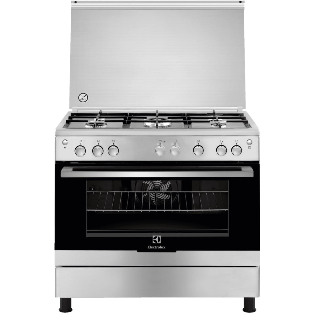 Electrolux 90cm 5-burner Range Cooker with Gas Hob and Large Capacity Electric Oven, Cast Iron Pan Supports, and Rotisserie Turnspit, Stainless Steel
