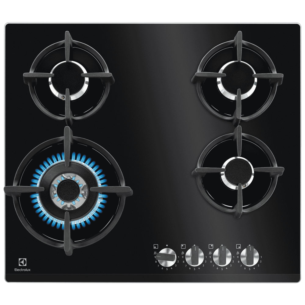 Electrolux 60cm built-in 4-Burner Gas Hob with High Power Wok Burner, Cast Iron Pan Supports, and Flame Safety, Black
