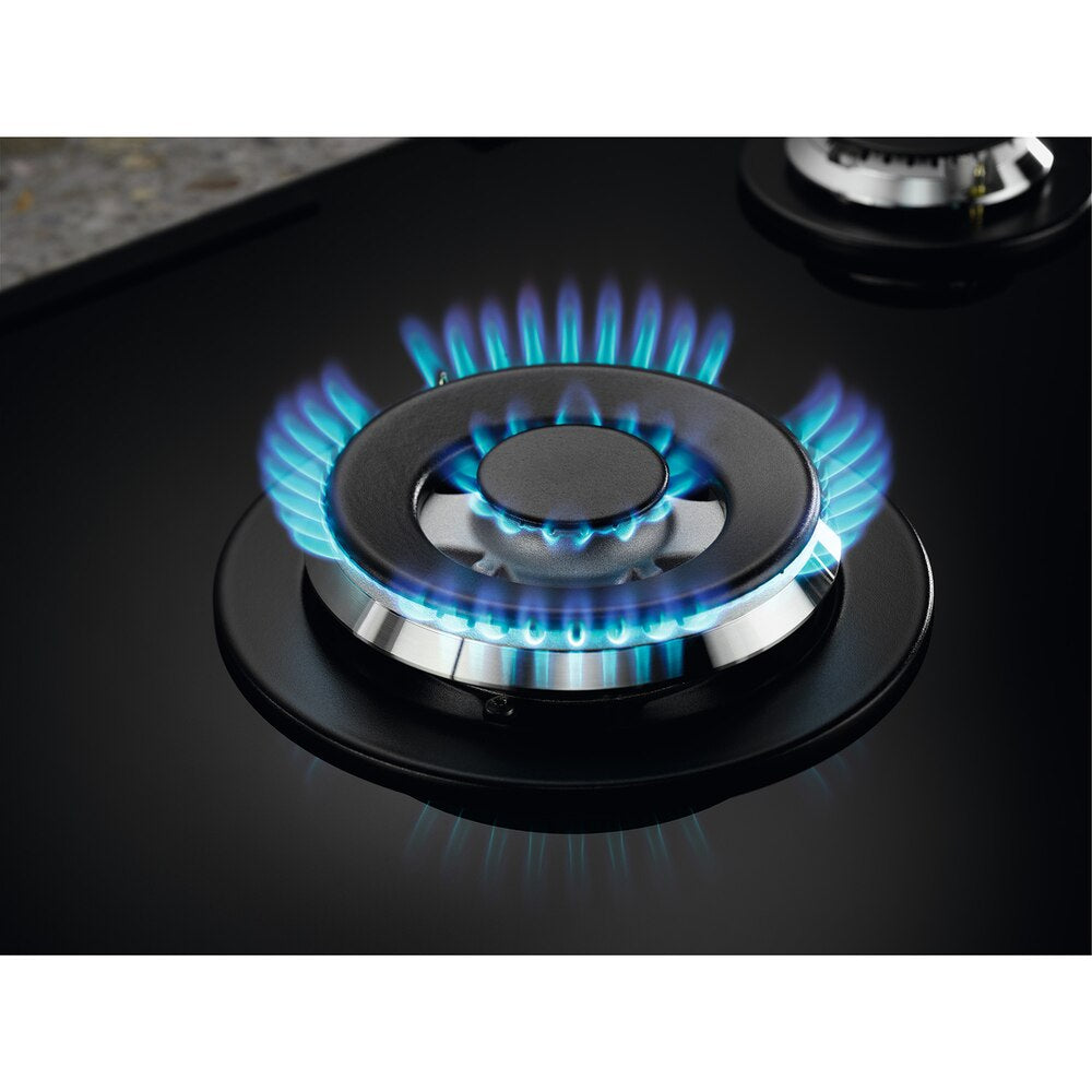 Electrolux 60cm built-in 4-Burner Gas Hob with High Power Wok Burner, Cast Iron Pan Supports, and Flame Safety, Black