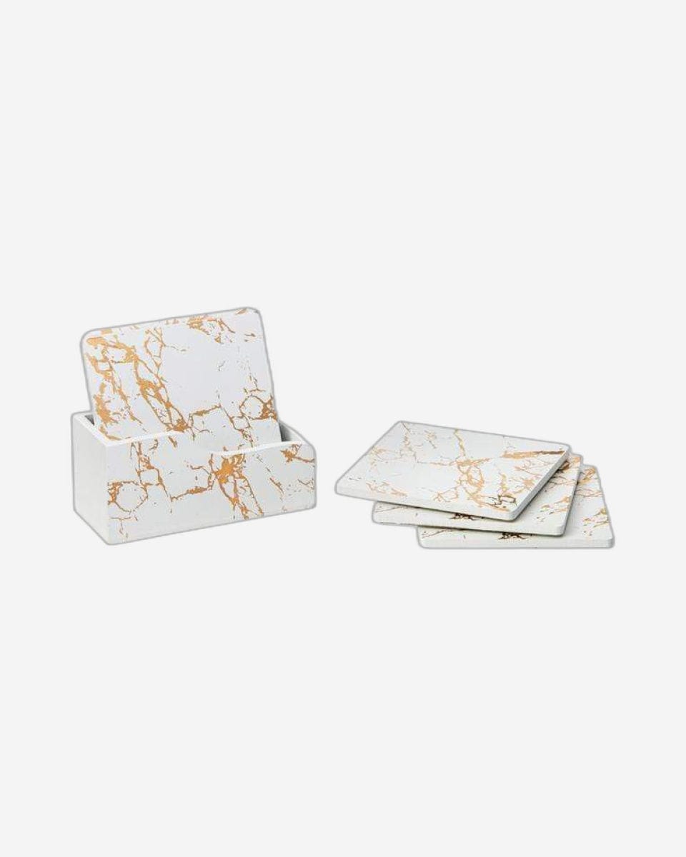 Aish Home Set Of 6 Marble Wooden Coasters With Stand White and Gold - A029
