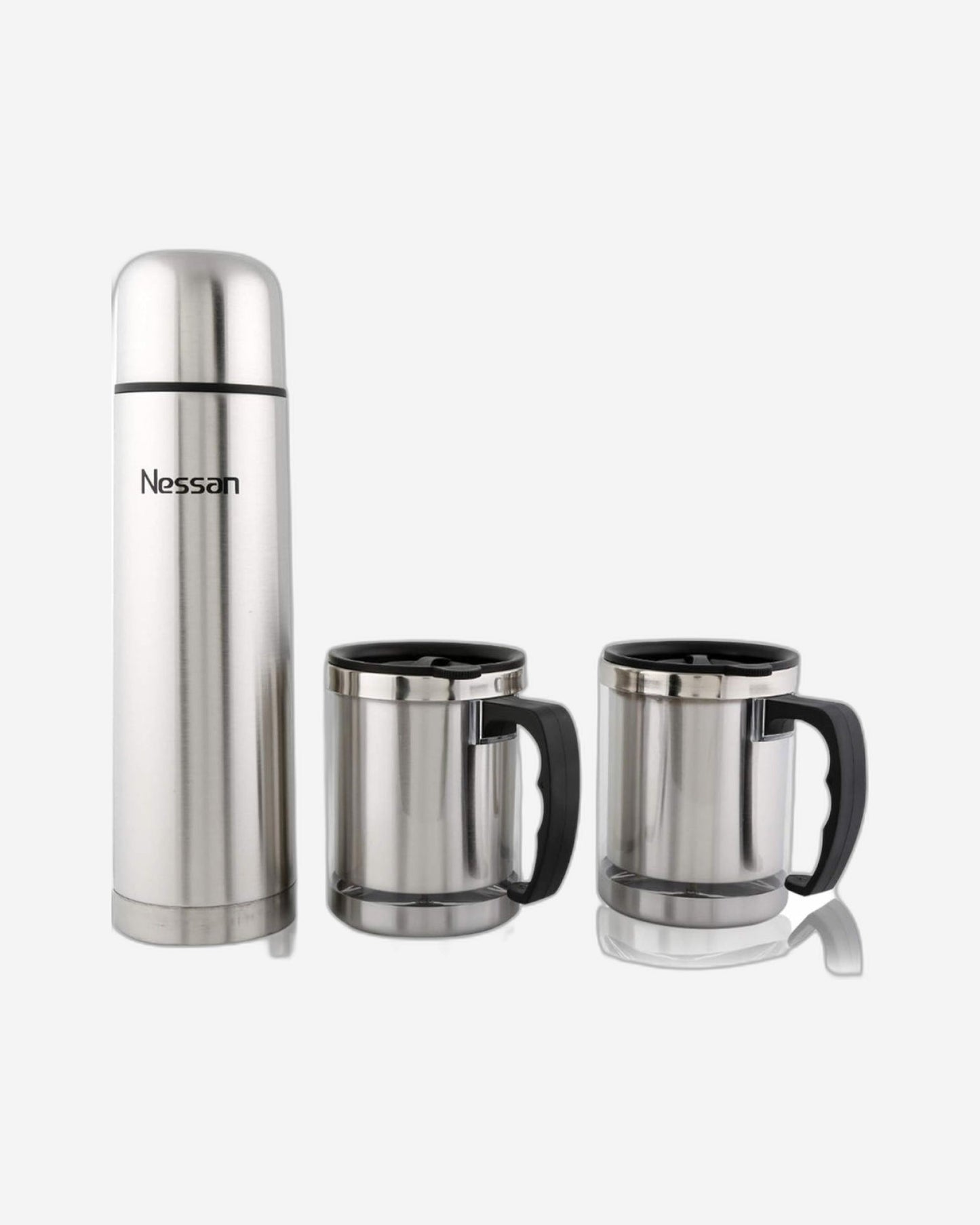 Nessan Stainless Steel Flask with Mug, Silver, 1 Liter | Includes 1L Flask + 2 Mugs (350ML Each)