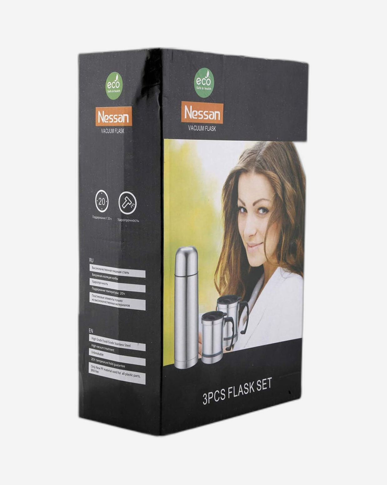 Nessan Stainless Steel Flask with Mug, Silver, 1 Liter | Includes 1L Flask + 2 Mugs (350ML Each)