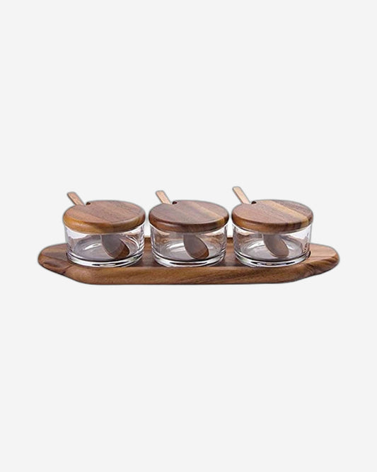 Billi 3 Condiment Set W/ Wood Tray Lid & Spoon