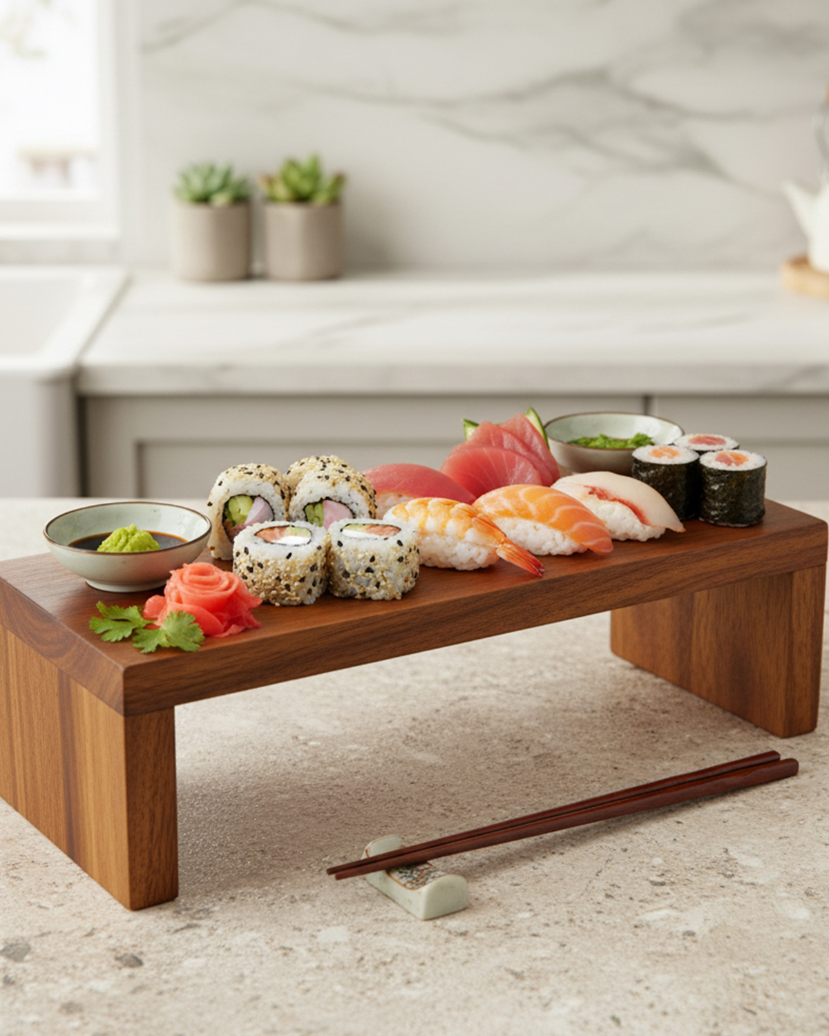 Billi Acacia Wood Footed Sushi Board, Brown, 35 × 12 × 10cm