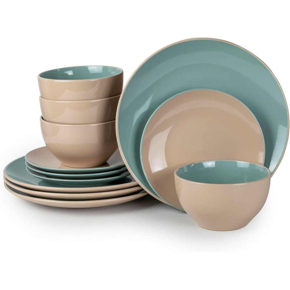 Shallow Moire 12-Pieces Stoneware Dinnerware Set, Dinner Set, Kitchen Dinnerware Ceramic Crockery Set, Dinner Service Set for 4, 26cm Dinner Plate, Side Plate, Cereal Bowl, Two color