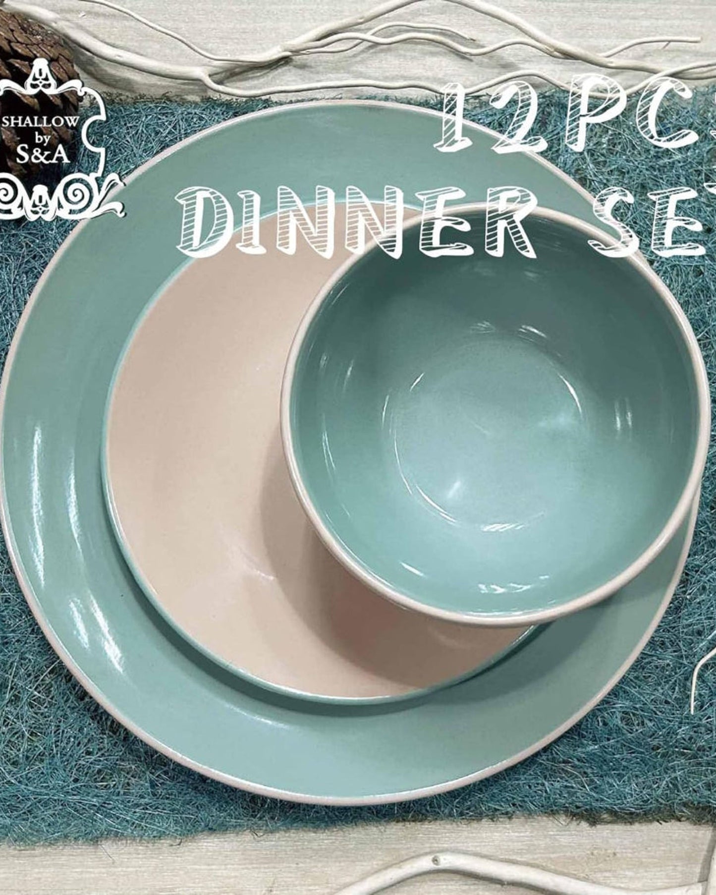 Shallow Moire 12-Pieces Stoneware Dinnerware Set, Dinner Set, Kitchen Dinnerware Ceramic Crockery Set, Dinner Service Set for 4, 26cm Dinner Plate, Side Plate, Cereal Bowl, Two color