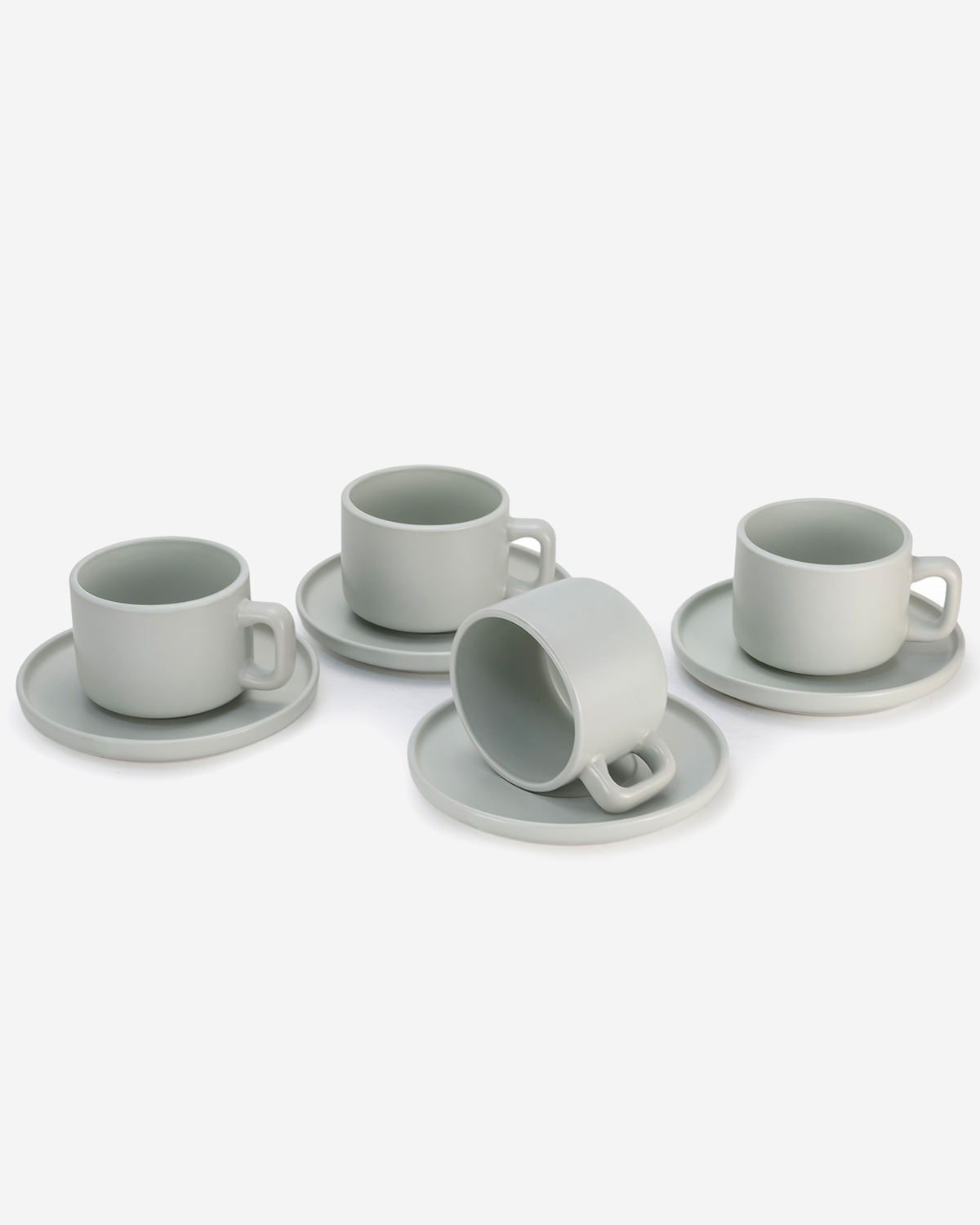 Shallow Oslo Stoneware Tea Cup & Saucer Set, 8-Piece, 250ml, Green, Nordic Style, 4 Cups & 4 Matching Saucers