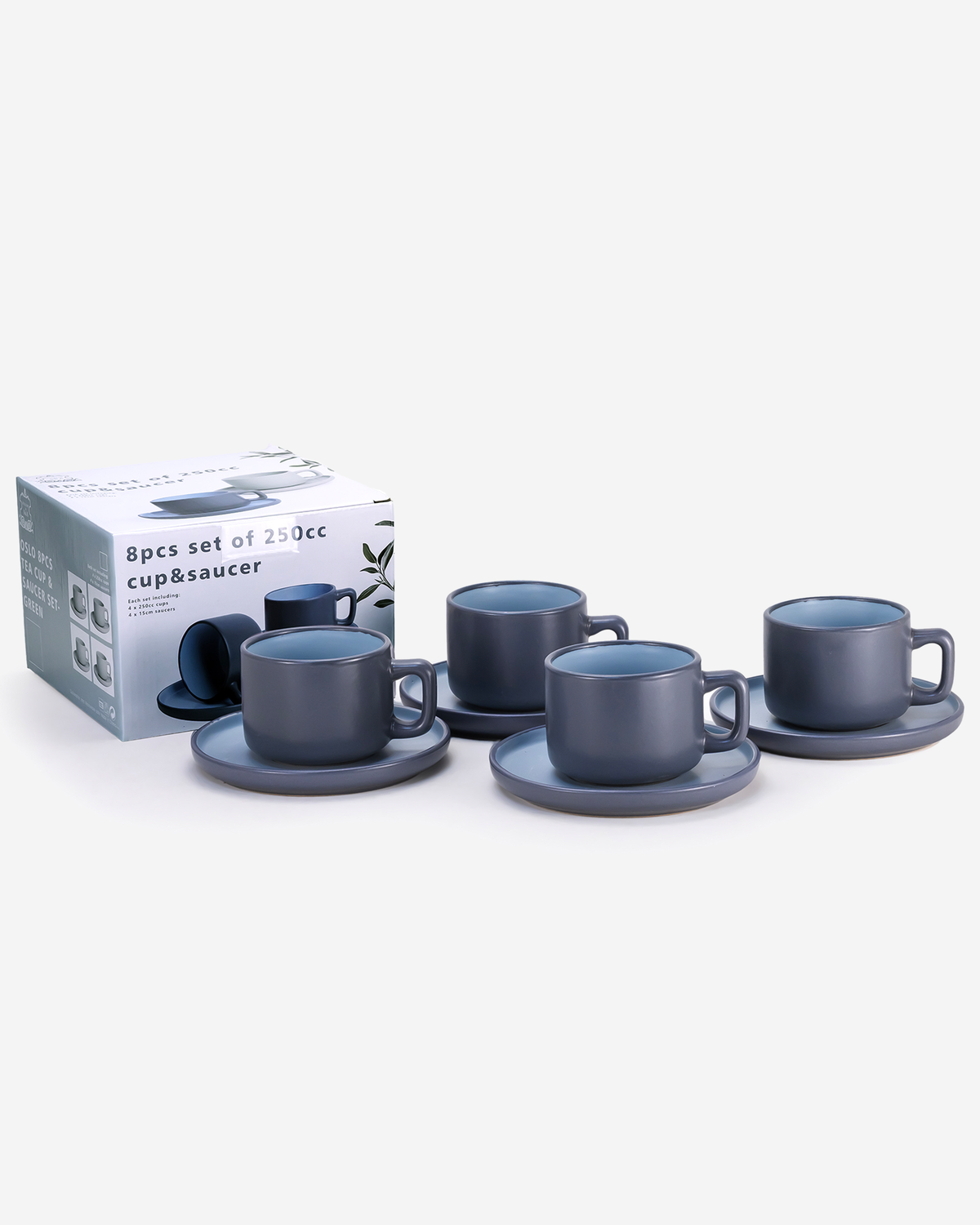 Shallow Oslo Stoneware Tea Cup & Saucer Set, 8-Piece, 250ml, Grey, Nordic Style, 4 Cups & 4 Matching Saucers