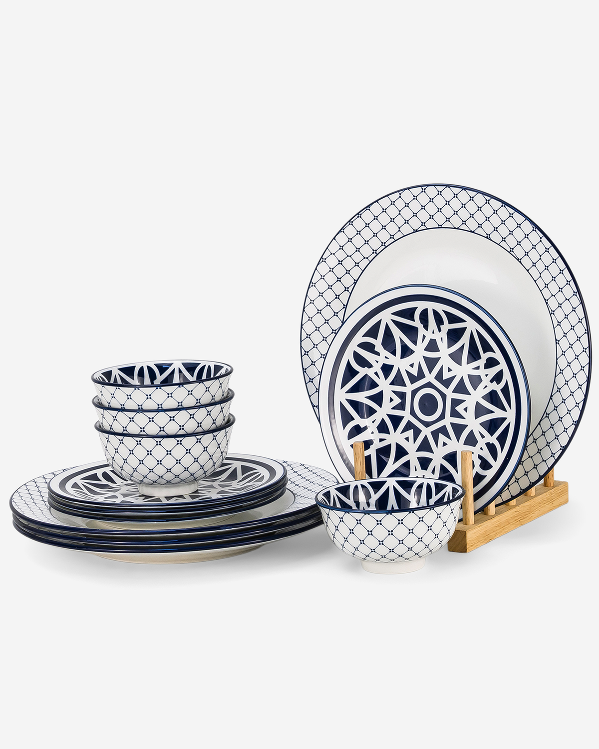 Shallow Malfi Porcelain 12-Piece Dinner Set, Blue, 4 Dinner Plates 10.5", 4 Side Plates 7.5" & 4 Small Bowls 4.5"