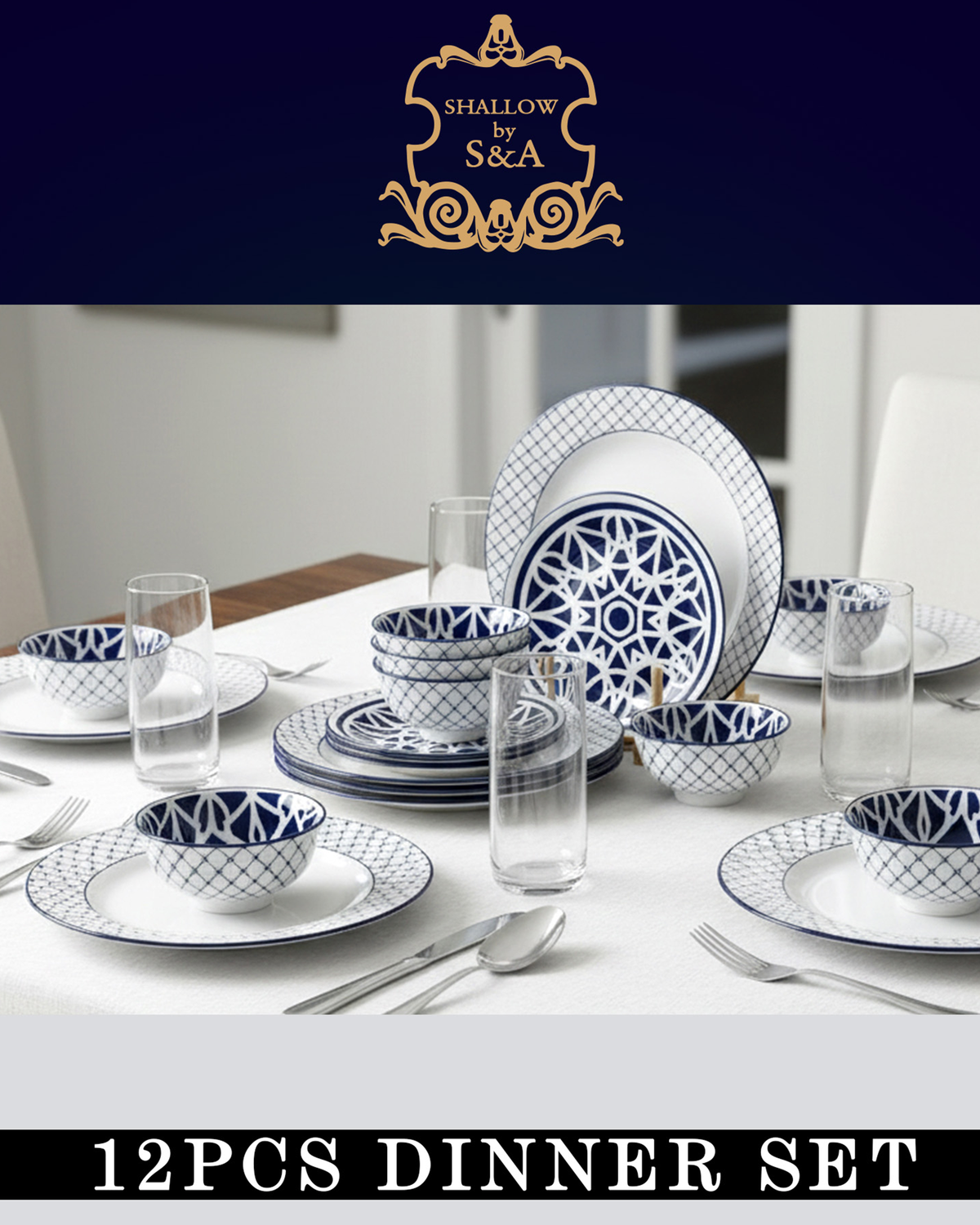 Shallow Malfi Porcelain 12-Piece Dinner Set, Blue, 4 Dinner Plates 10.5", 4 Side Plates 7.5" & 4 Small Bowls 4.5"