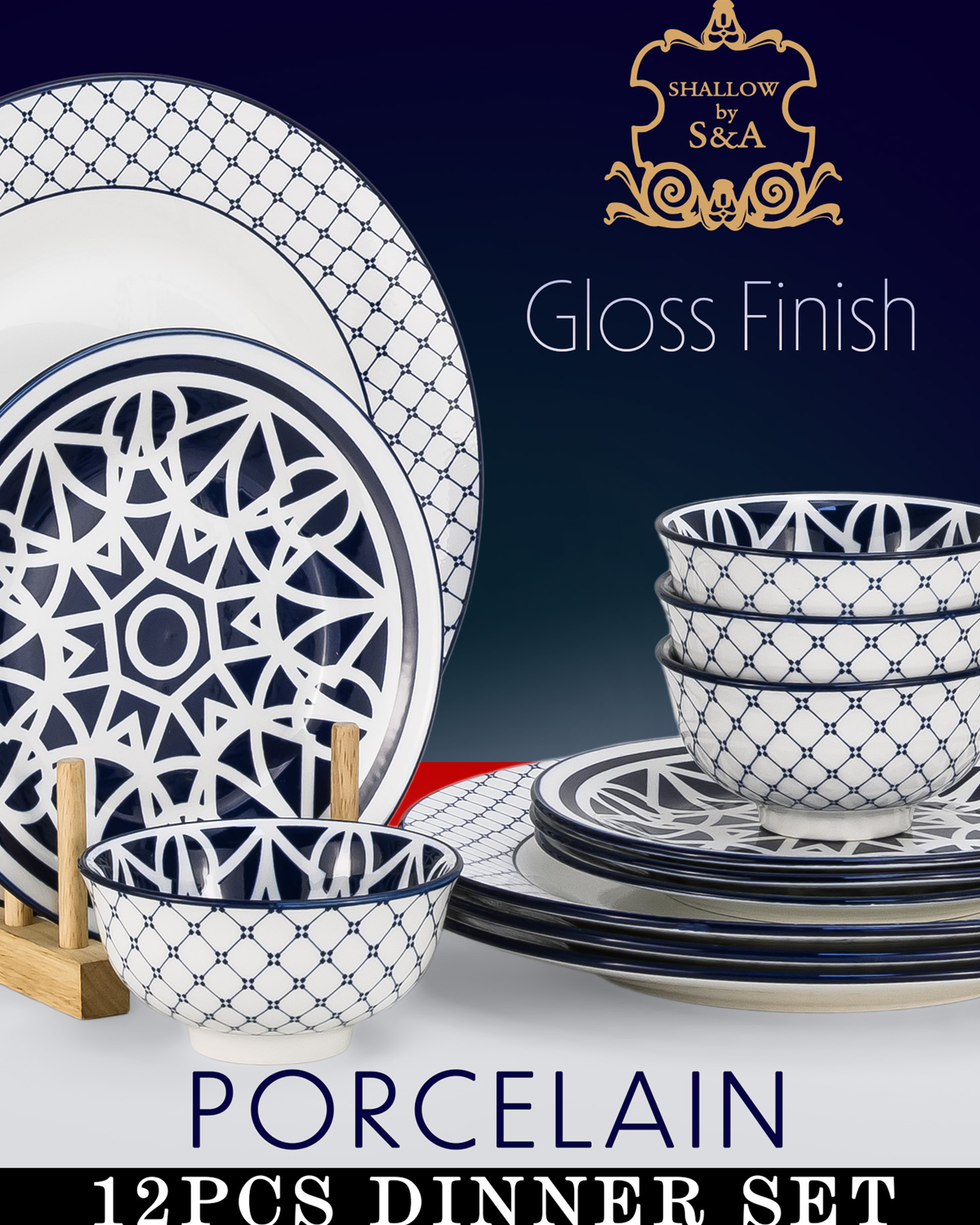 Shallow Malfi Porcelain 12-Piece Dinner Set, Blue, 4 Dinner Plates 10.5", 4 Side Plates 7.5" & 4 Small Bowls 4.5"