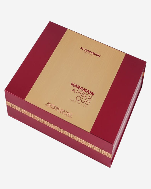 Haramain Amber Oud Ruby Edition Perfume Gift Set With Body Mist (75Ml + 30 Ml + 250Ml)