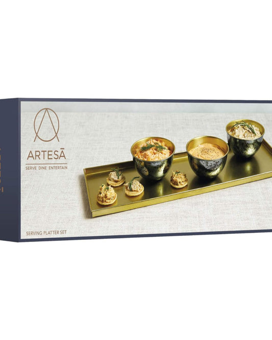 Art Serving Platter With 3 Bowls Brass