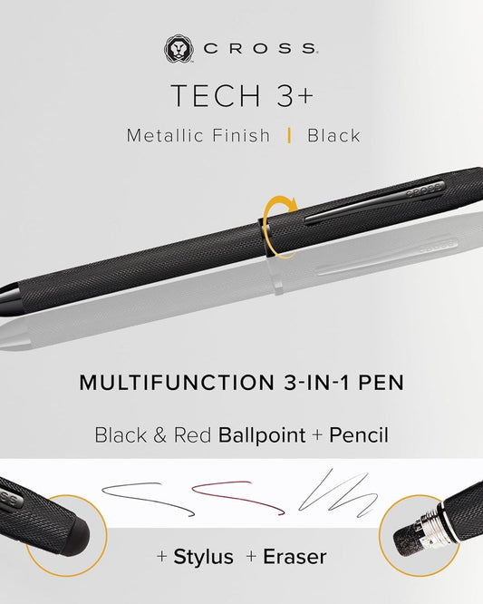 Cross Tech3+ Multi Function Pen. Brushed Black With Engraved Engine-Turned Diamond-Pattern Finish With Black Pvd Appointments, 0.5Mm Lead And Optional Stylus. - AT0090-19